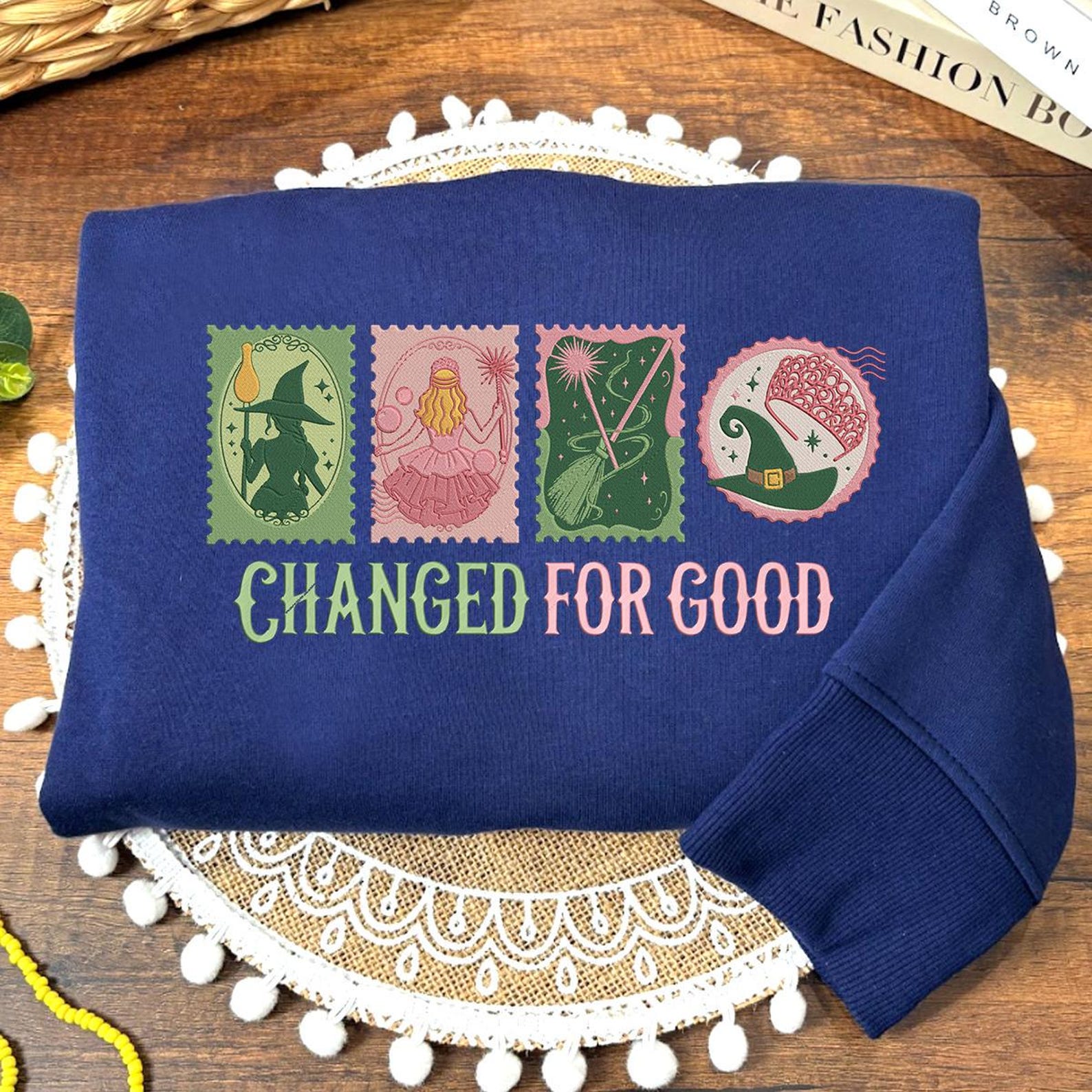 Wicked Changed For Good Embroidered Sweatshirt, Wizard Defying Gravity, Pink And Green Musical, Elphaba and Glinda Halloween - Image 3