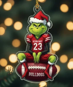 Personalized Grinch Football Ornament, Custom Name Number Team Christmas Gift, Funny Sports Acrylic Ornament For Player Or Fan