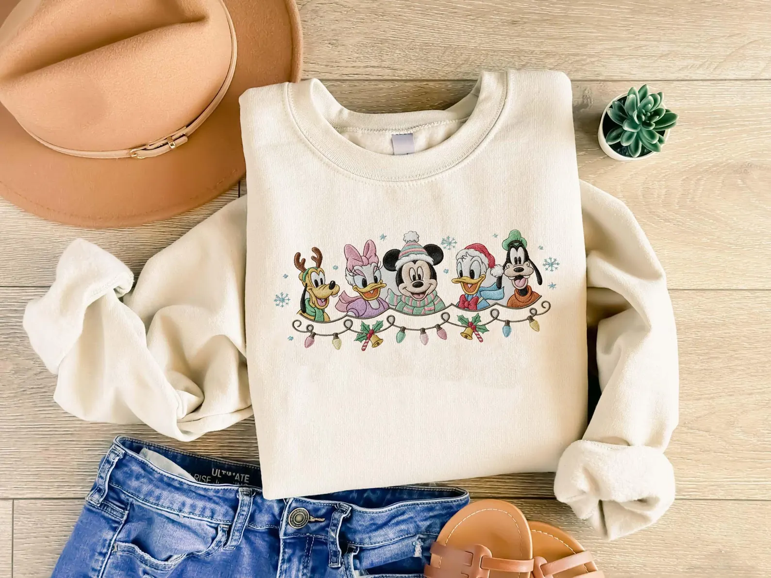 Embroidered Mickey And Friends Christmas Sweatshirt, Mickey Minnie Donald Goofy Pluto Xmas Sweatshirt