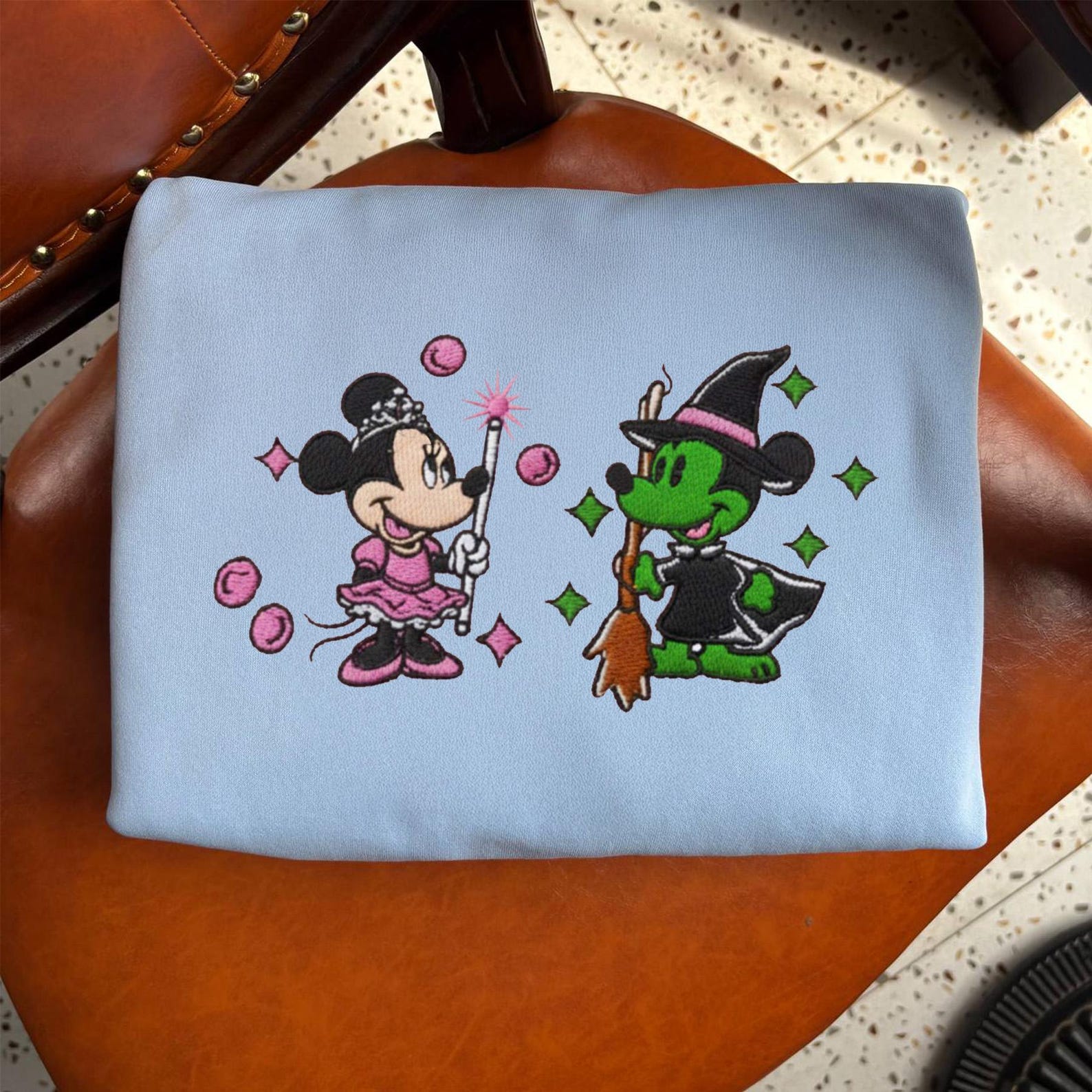 Mickey Minnie Wicked Embroidered Sweatshirt, Pink Witch Green Witch, Changed For Good Wicked, Cartoon Matching Halloween Movie - Image 3
