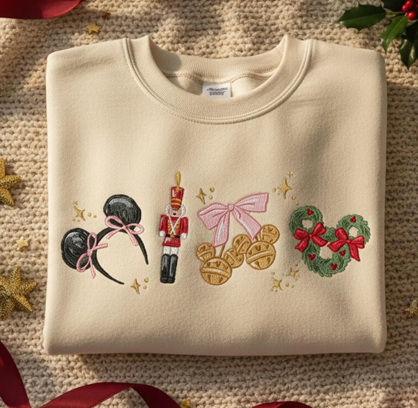 Embroidered Disney Coquette Bow Christmas Sweatshirt, Disney Magic Castle Christmas Sweater, Family Matching Disney Outfits