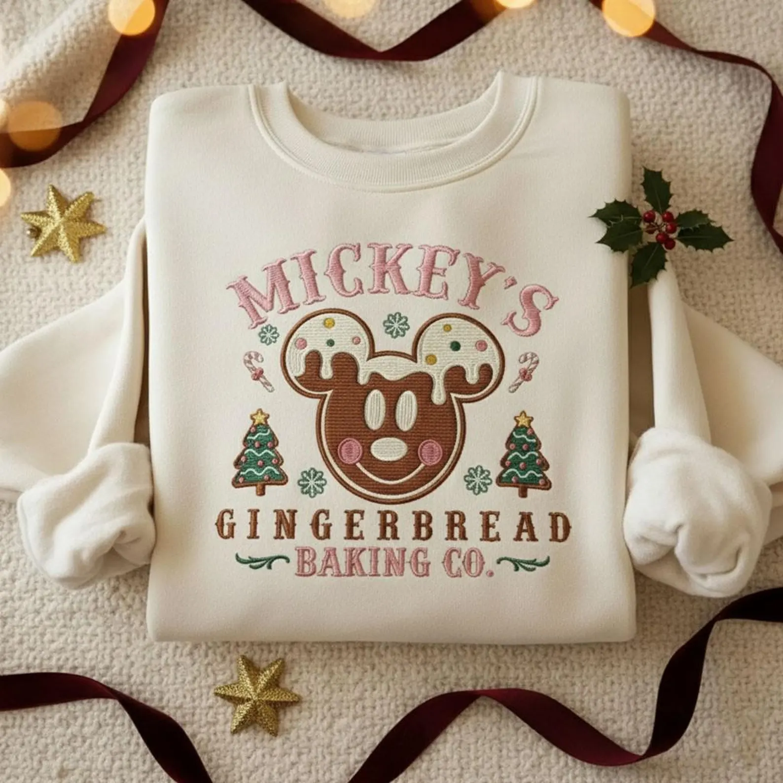 Embroidered Mickey Minnie GingerBread Christmas Sweatshirt, Disney Couple Holiday Sweater, Family Matching Disney Outfits - Image 2