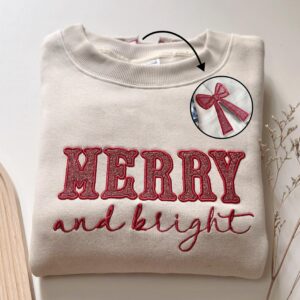 Merry & Bright Embroidered Bow Sweatshirt, Side Bow Christmas Applique Sweatshirt, Coquette Bow, Embroidered Bow Glitter Sweatshirt