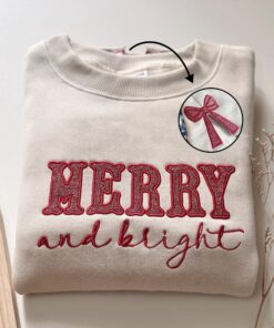 Merry & Bright Embroidered Bow Sweatshirt, Side Bow Christmas Applique Sweatshirt, Coquette Bow, Embroidered Bow Glitter Sweatshirt