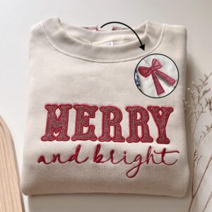 Merry & Bright Embroidered Bow Sweatshirt, Side Bow Christmas Applique Sweatshirt, Coquette Bow, Embroidered Bow Glitter Sweatshirt