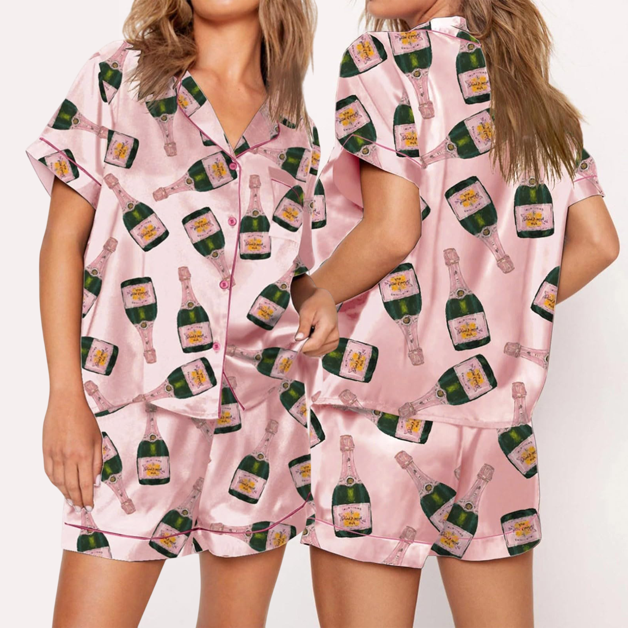 Womens Champagne Bottle Pajama Set Satin Silk Pajamas Set Short Sleeve Sleepwear 2 Piece Pjs Set - Image 4