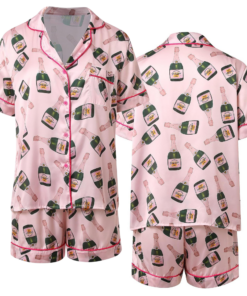 Womens Champagne Bottle Pajama Set Satin Silk Pajamas Set Short Sleeve Sleepwear 2 Piece Pjs Set