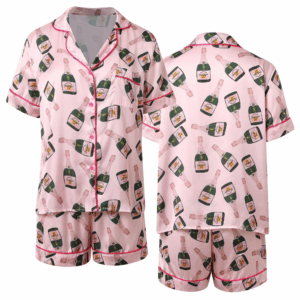 Womens Champagne Bottle Pajama Set Satin Silk Pajamas Set Short Sleeve Sleepwear 2 Piece Pjs Set