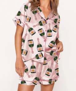 Alternative view of Womens Champagne Bottle Pajama Set Satin Silk Pajamas Set Short Sleeve Sleepwear 2 Piece Pjs Set