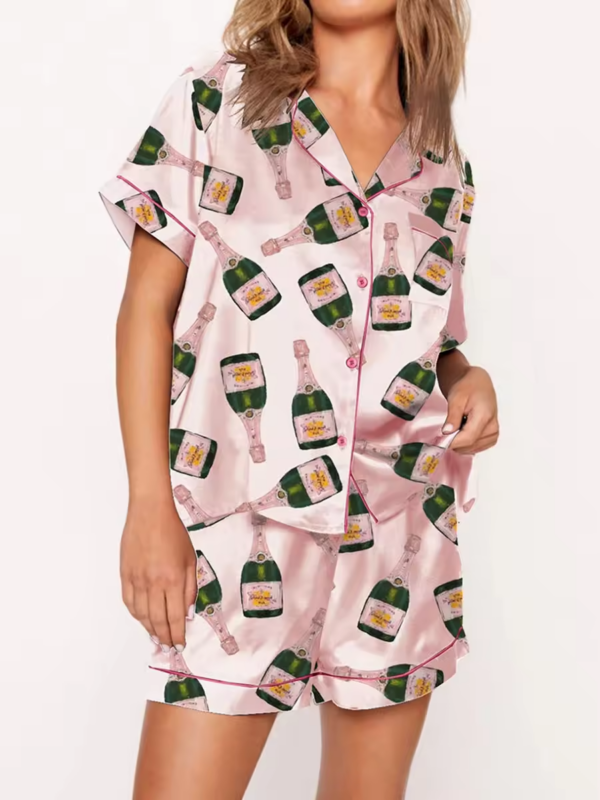 Alternative view of Womens Champagne Bottle Pajama Set Satin Silk Pajamas Set Short Sleeve Sleepwear 2 Piece Pjs Set
