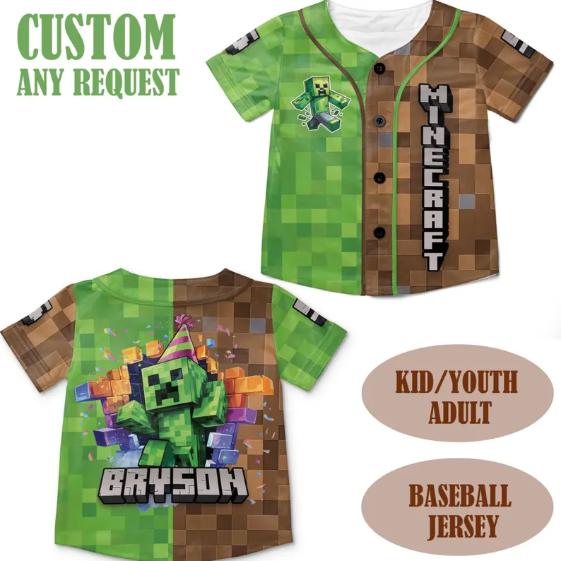 Minecraft Dirt Block Pattern Baseball Uniform, Power Minecraft Baseball Jersey - Image 5