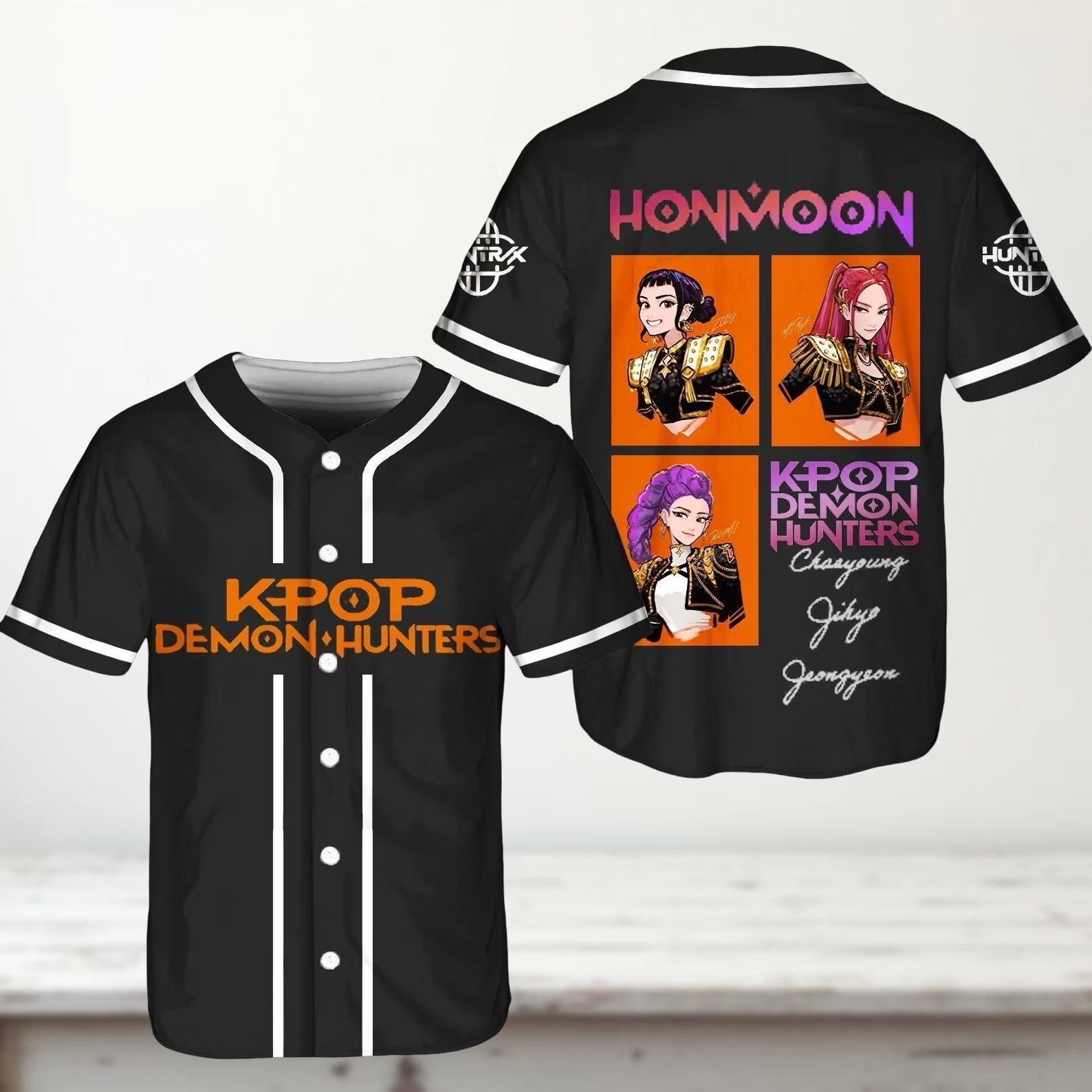 Kpop Demon Hunter Girl Group Jersey Purple Trim Anime Baseball 3D Unisex T-Shirt