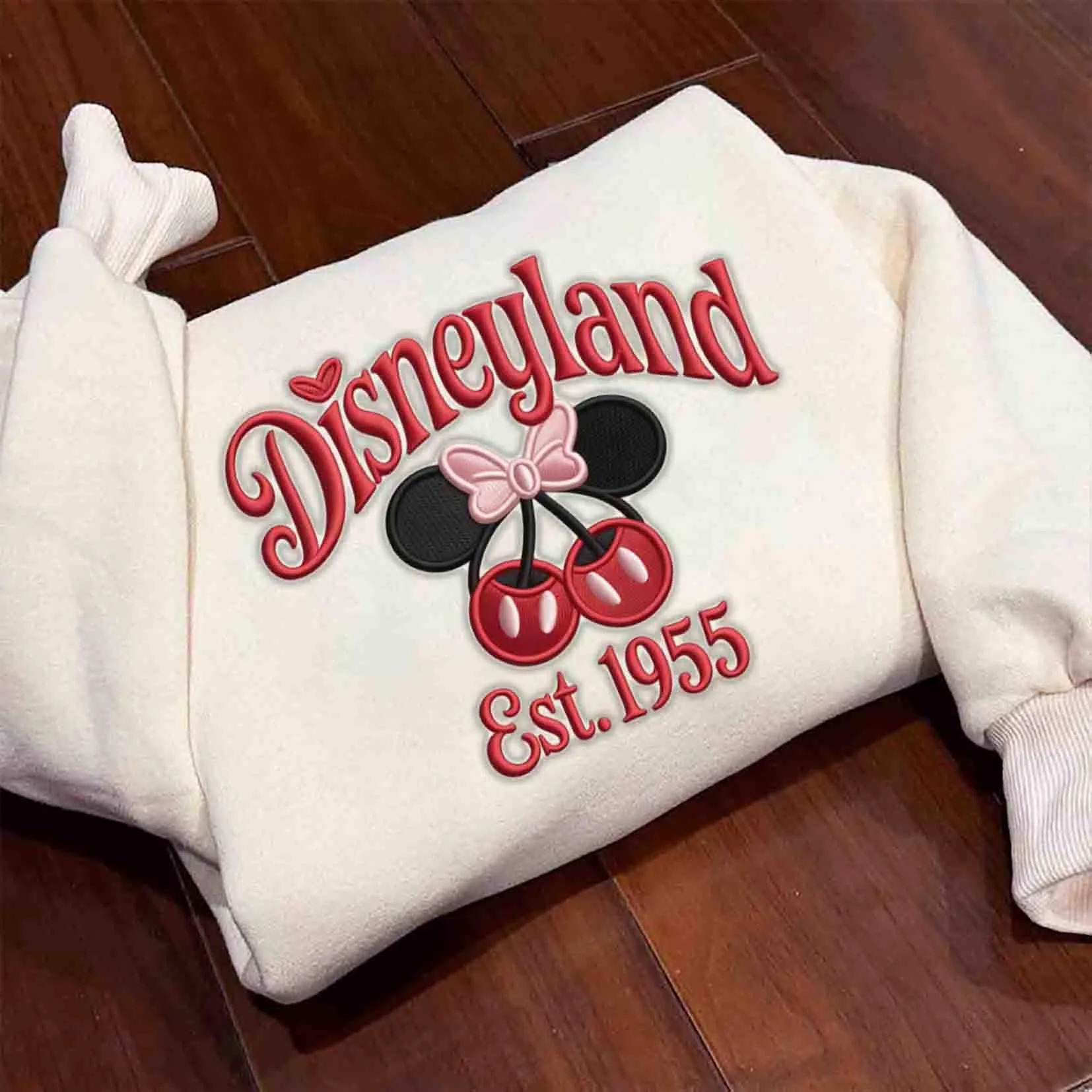 Disneyland Est 1955 Coquette Mickey & Minnie Cherry Embroidered Sweatshirt - Image 4