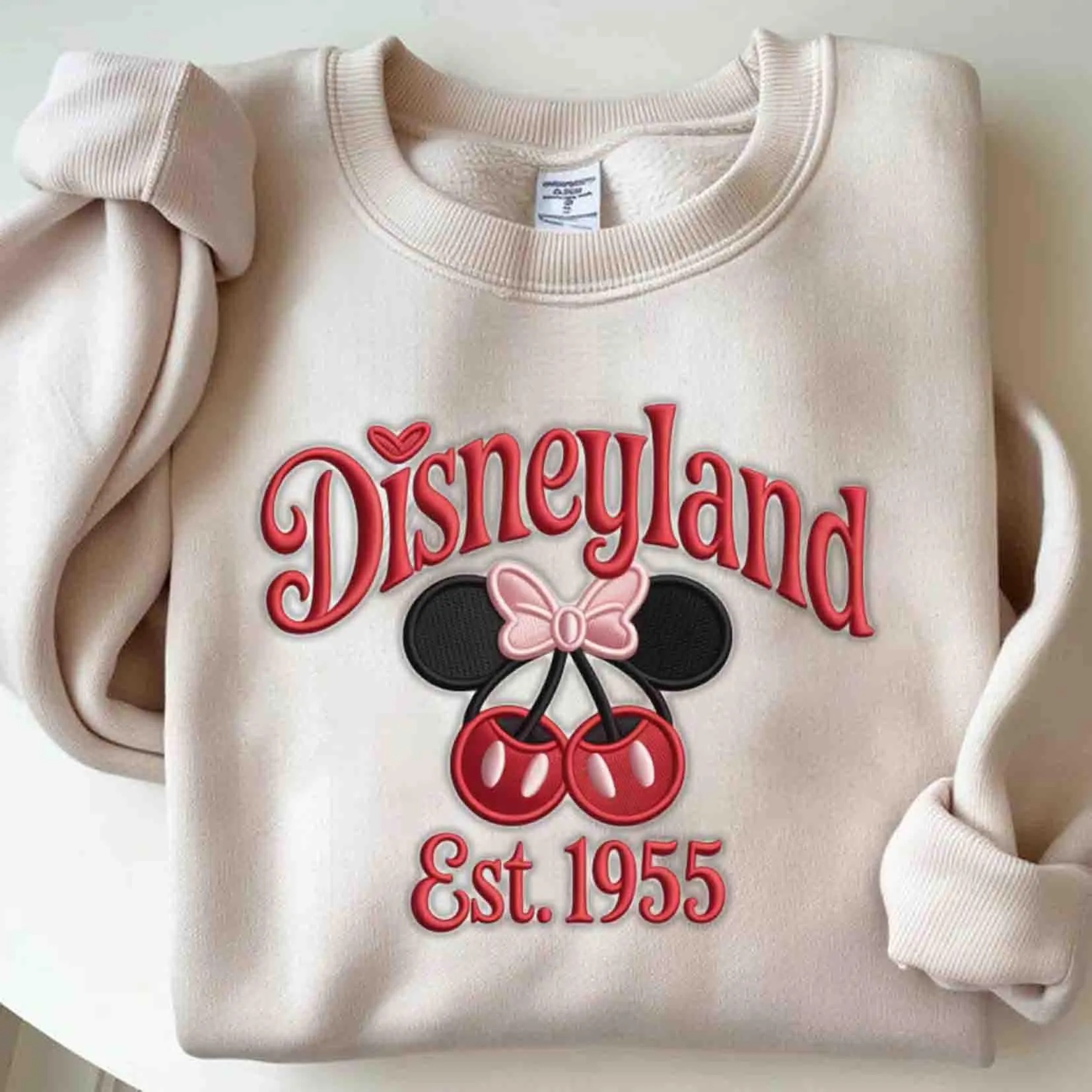 Disneyland Est 1955 Coquette Mickey & Minnie Cherry Embroidered Sweatshirt - Image 2