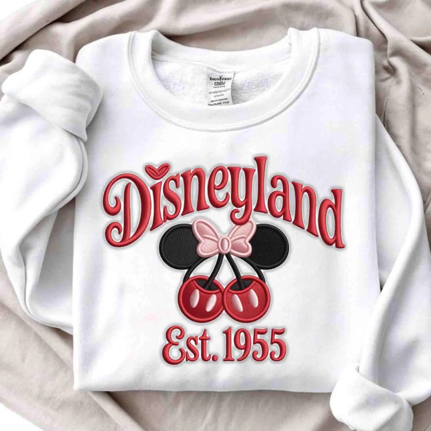 Disneyland Est 1955 Coquette Mickey & Minnie Cherry Embroidered Sweatshirt