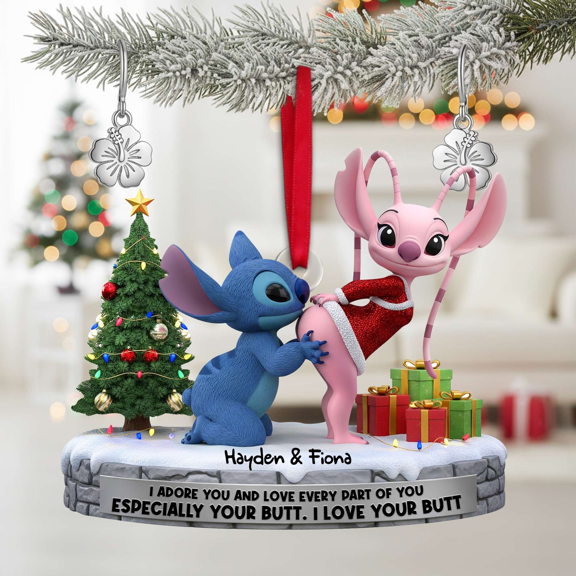 Custom Name Stitch And Angel Santa Hat Ornament, Stitch And Angel Love Ornament, Cute Alien Couple Christmas Ornament - Image 5