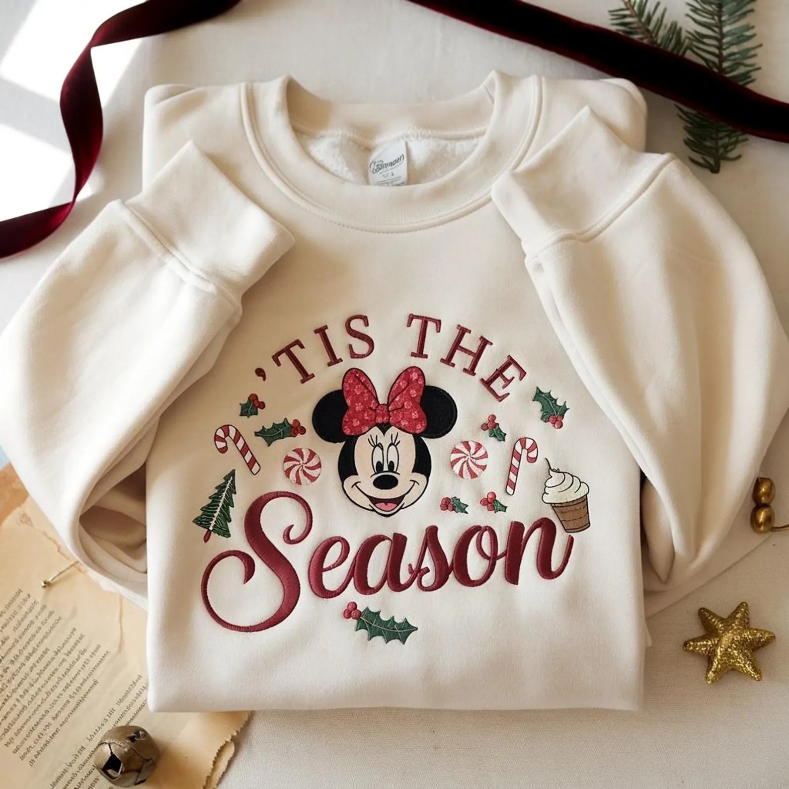 Embroidered Minnie Christmas Sweatshirt, Disney Tis the Season Sweater, Holiday Minnie Crewneck