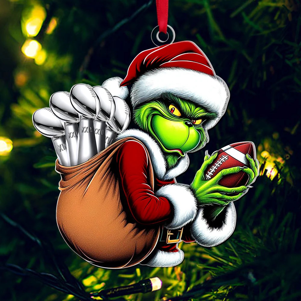 Personalized Grinch Football Ornament, Funny Sports Acrylic Ornament, Sports Fan Christmas Decoration
