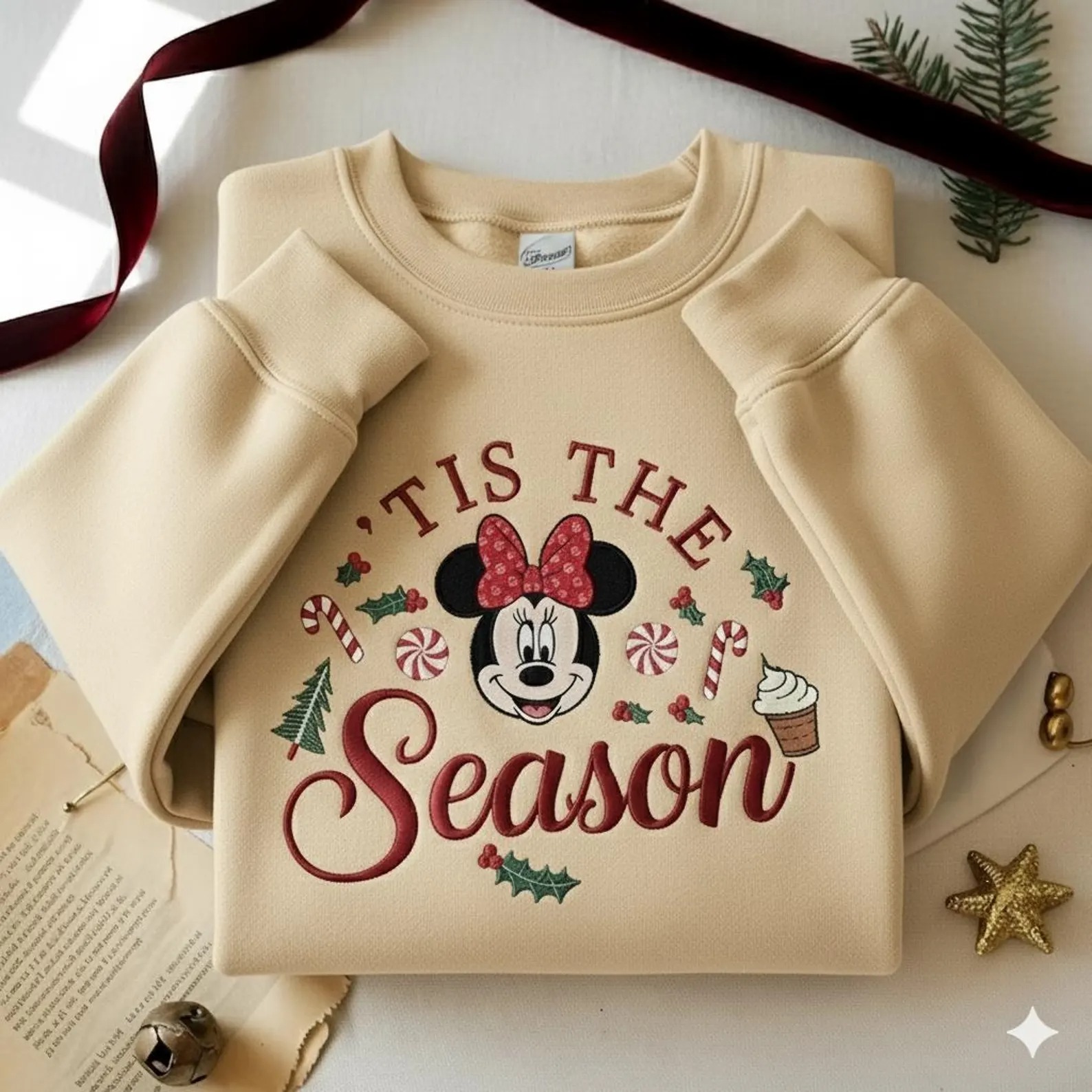 Embroidered Minnie Christmas Sweatshirt, Disney Tis the Season Sweater, Holiday Minnie Crewneck - Image 2
