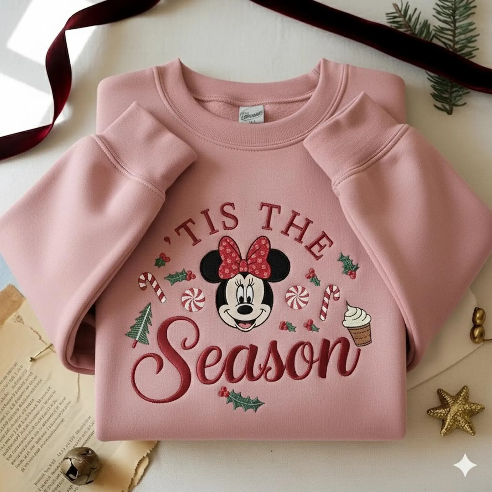 Embroidered Minnie Christmas Sweatshirt, Disney Tis the Season Sweater, Holiday Minnie Crewneck - Image 3