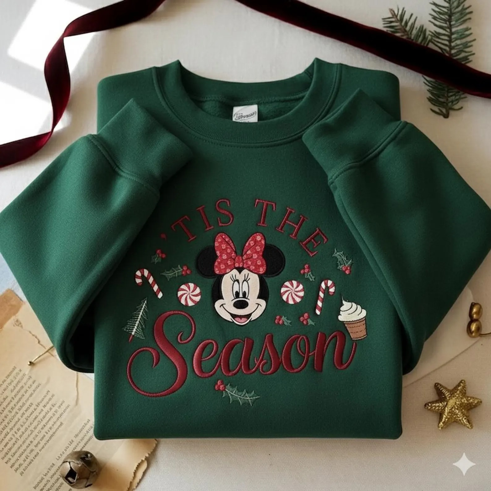 Embroidered Minnie Christmas Sweatshirt, Disney Tis the Season Sweater, Holiday Minnie Crewneck - Image 4