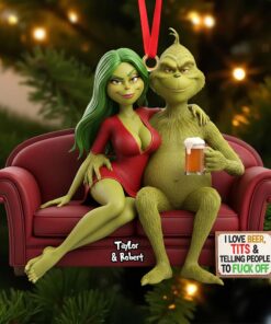 Funny Grinch Christmas Ornament, Personalized Couple Acrylic Ornament, Cute Green Monster Xmas Decoration, Holiday Tree Gift for Him Her