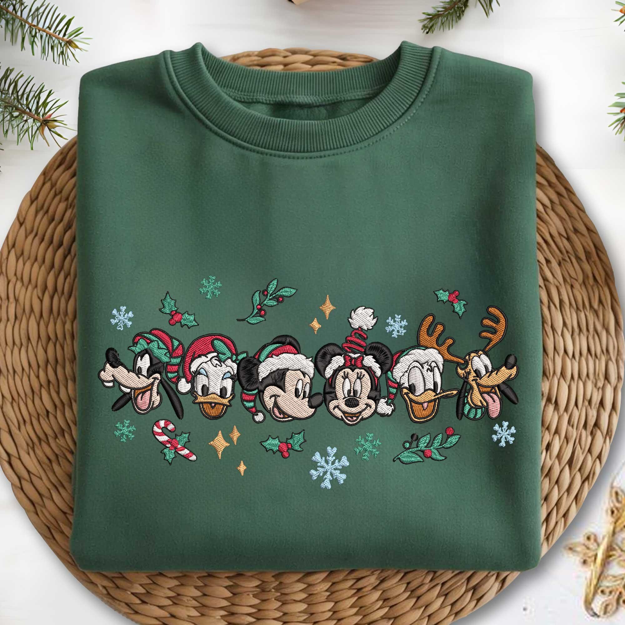 Christmas Embroidered Sweatshirt, Disney Character Embroidery Shirt, Holiday Mickey Minnie Pullover, Cozy Xmas Sweater, Cute Christmas Gift