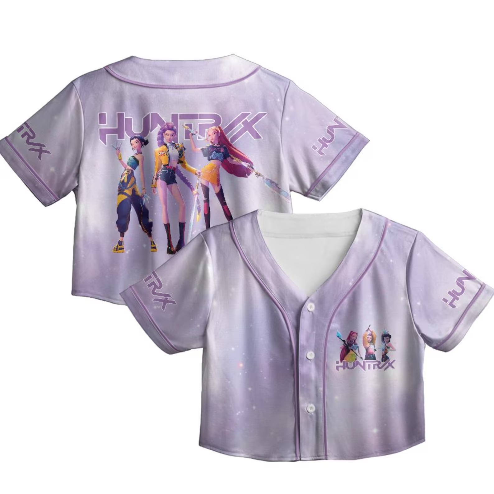 Huntrix Girls Kpop Demon Hunters Crop Top Jersey, K-pop Demon Hunters Merch Shirt, HUNTR/X Girl Rumi Mira Zoey, Bootleg Retro Movie Shirt