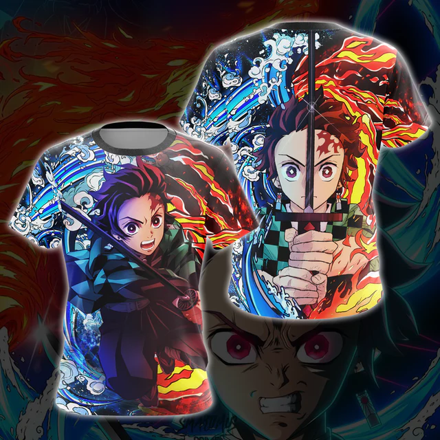 Tanjiro Sun and Water Breathing Techniques Demon Slayer 3D T- Shirt