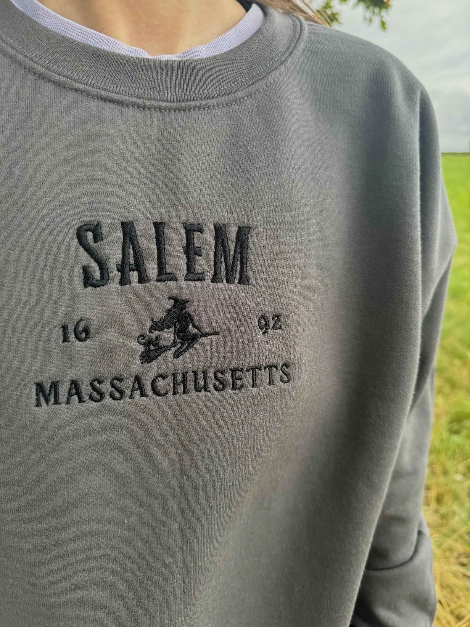 Embroidered Salem Witch Massachusetts Sweatshirt, Halloween Autumn Witchy Embroidered Sweatshirt