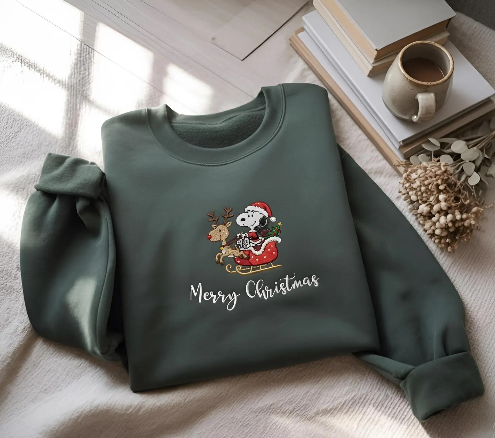 Embroidered Christmas Snoopy Sweatshirt, Peanuts Christmas Crewneck, Cute Snoopy Sweatshirt, Cartoon Dog Embroidered Shirt - Image 4