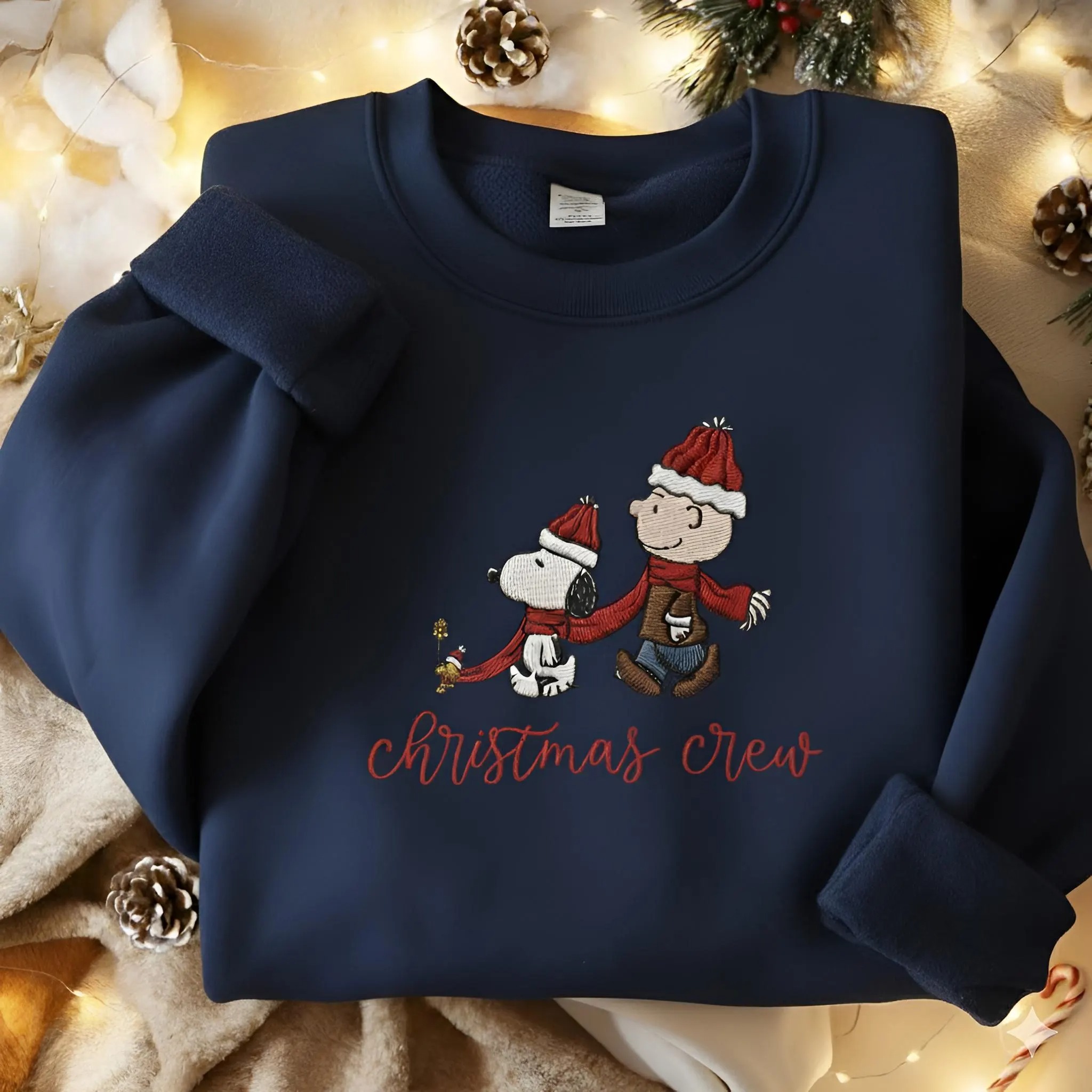 Embroidered Christmas Crew Sweatshirt, Peanuts Christmas Crewneck, Cute Snoopy Shirt, Cartoon Snoopy Embroidered Shirt - Image 3