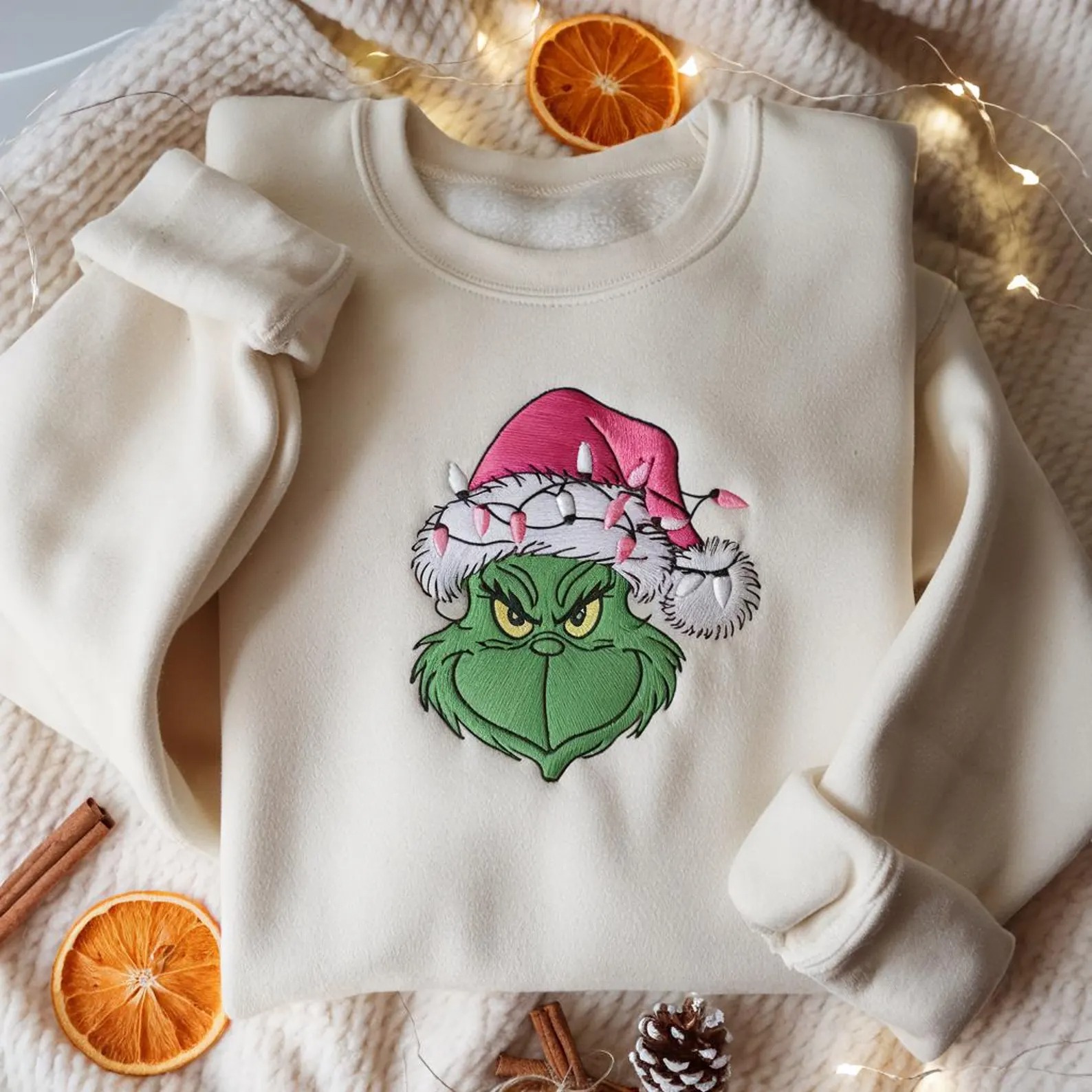 Embroidered Grinch Christmas Light Sweatshirt, Grinchmas Shirt, Grinch Christmas Sweatshirt