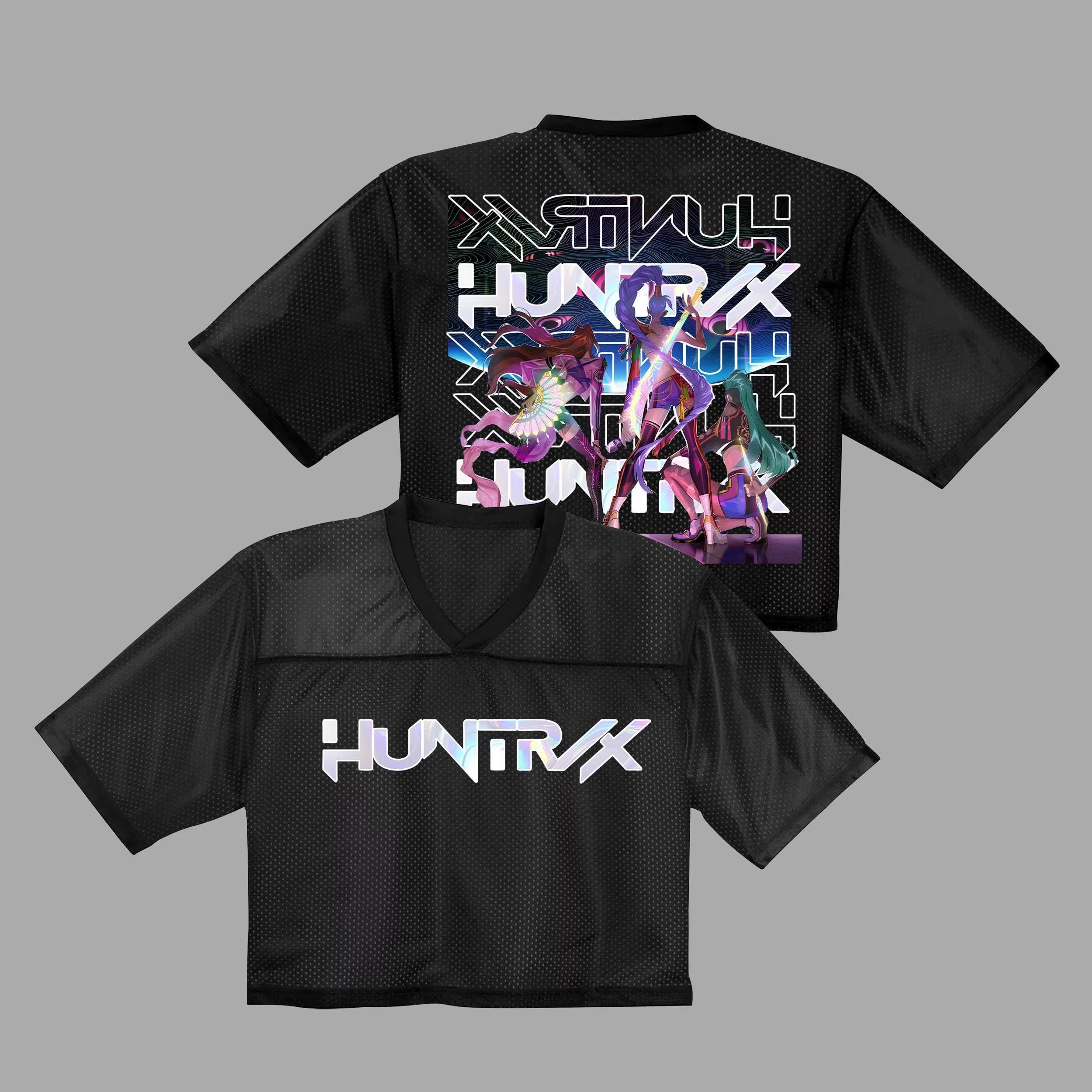 Kpop Demon Hunters Crop Top Football Jersey Full Mesh, Huntrix Golden Mesh Shirt, Anime Kpop Concert Outfit