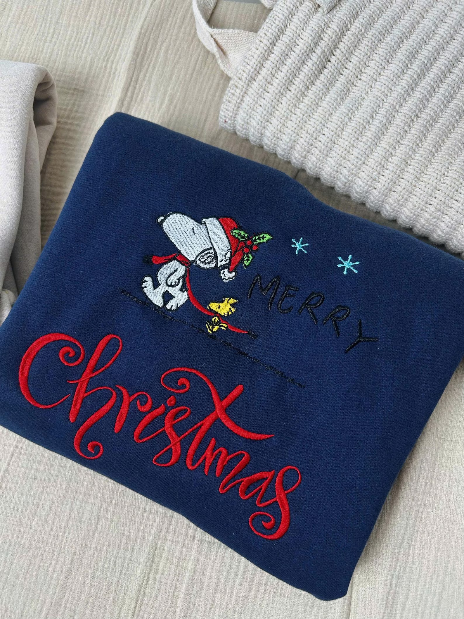 Embroidered Snoopy Christmas Sweatshirt, Peanuts Holiday Pullover Sweatshirt