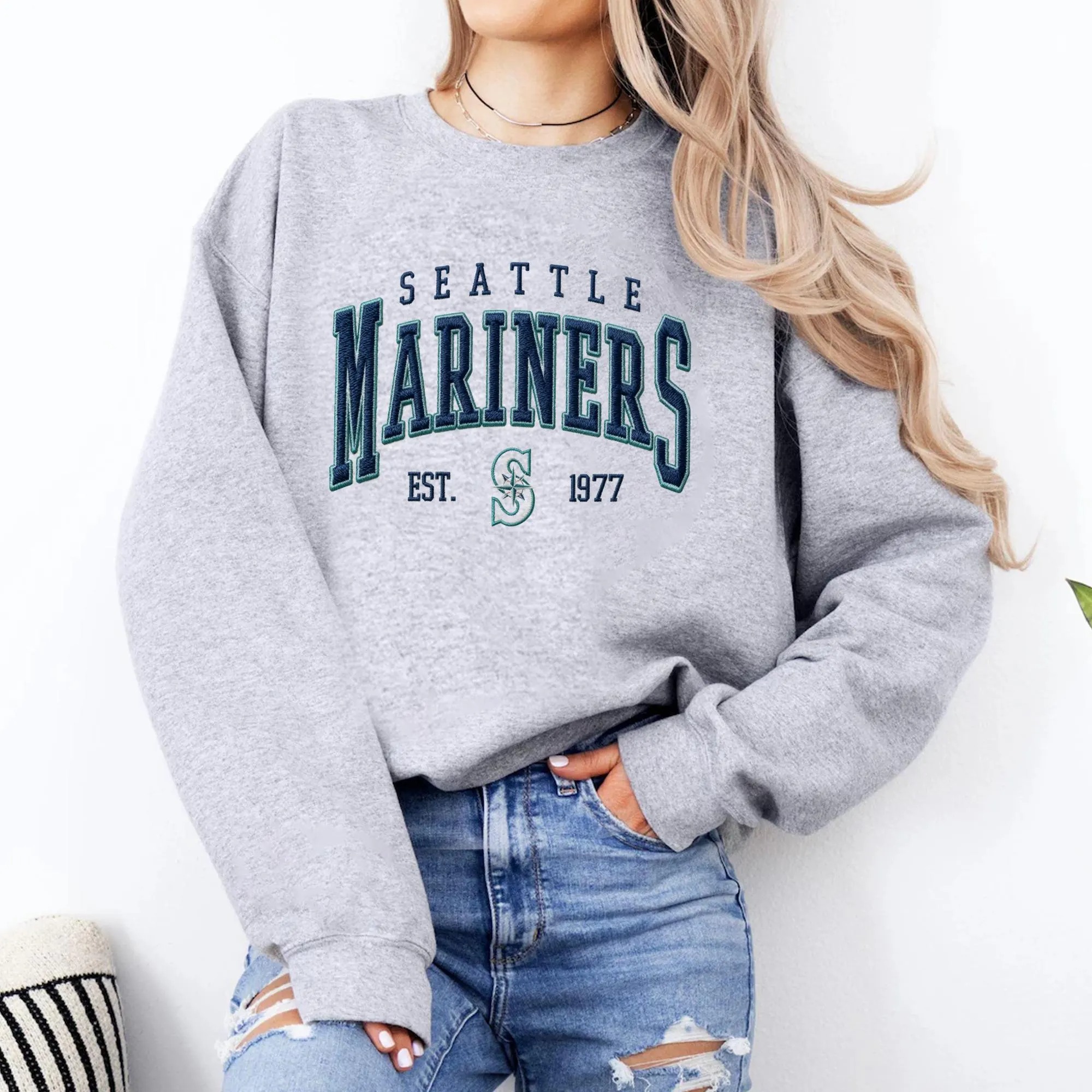 Embroidered Mariners Baseball Sweatshirt, Unisex Crewneck Pullover Sweatshirt - Image 2