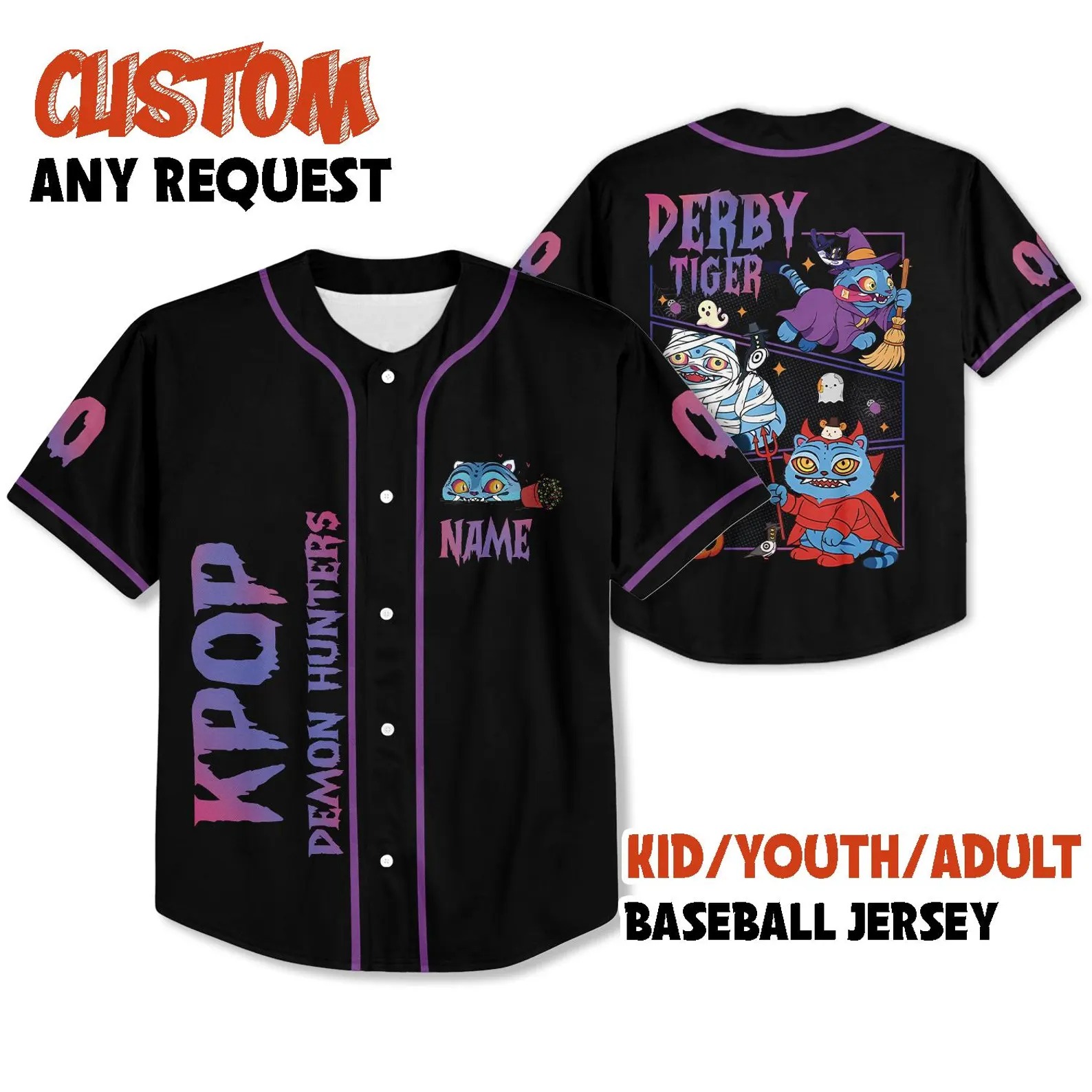 Custom Halloween Tiger Derpy Baseball Jersey, Kpop Demon Hunter Shirt, Hunter Merch