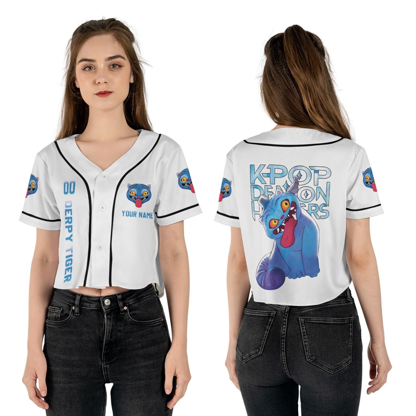 Kpop Demon Hunter Tiger Unisex Baseball Jersey, Derpy Tiger & Bird Demon Hunter Tiger Croptop Baseball Jersey - Image 2