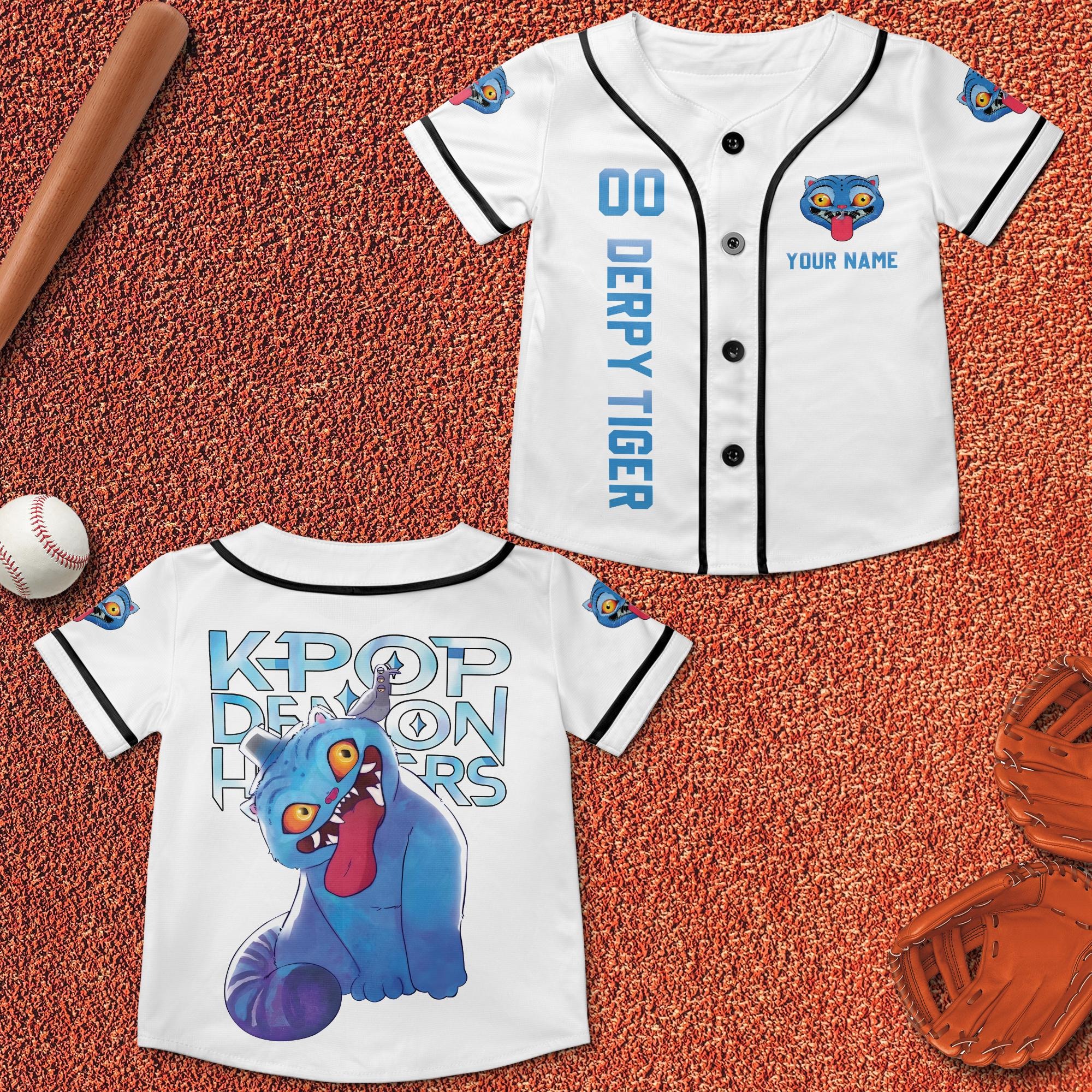 Kpop Demon Hunter Tiger Unisex Baseball Jersey, Derpy Tiger & Bird Demon Hunter Tiger Croptop Baseball Jersey