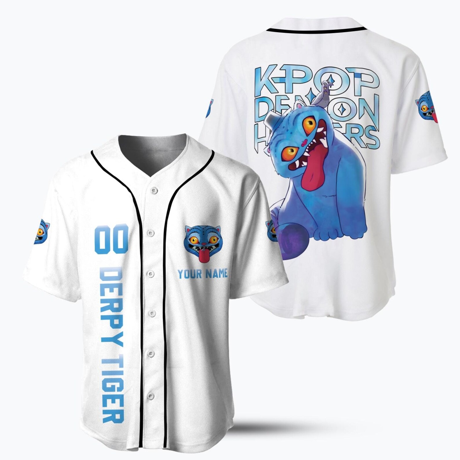 Kpop Demon Hunter Tiger Unisex Baseball Jersey, Derpy Tiger & Bird Demon Hunter Tiger Croptop Baseball Jersey - Image 5