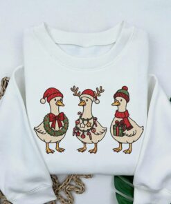 Embroidered Merry Christmas Goose Shirt, Goose With Santa Hat Embroidery Sweatshirt, Christmas Embroidered Holiday Crewneck