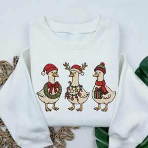Embroidered Merry Christmas Goose Shirt, Goose With Santa Hat Embroidery Sweatshirt, Christmas Embroidered Holiday Crewneck