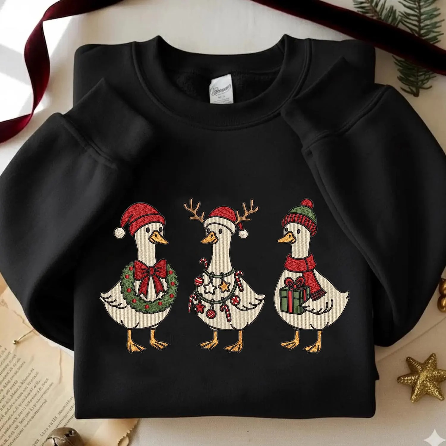 Embroidered Merry Christmas Goose Shirt, Goose With Santa Hat Embroidery Sweatshirt, Christmas Embroidered Holiday Crewneck - Image 3
