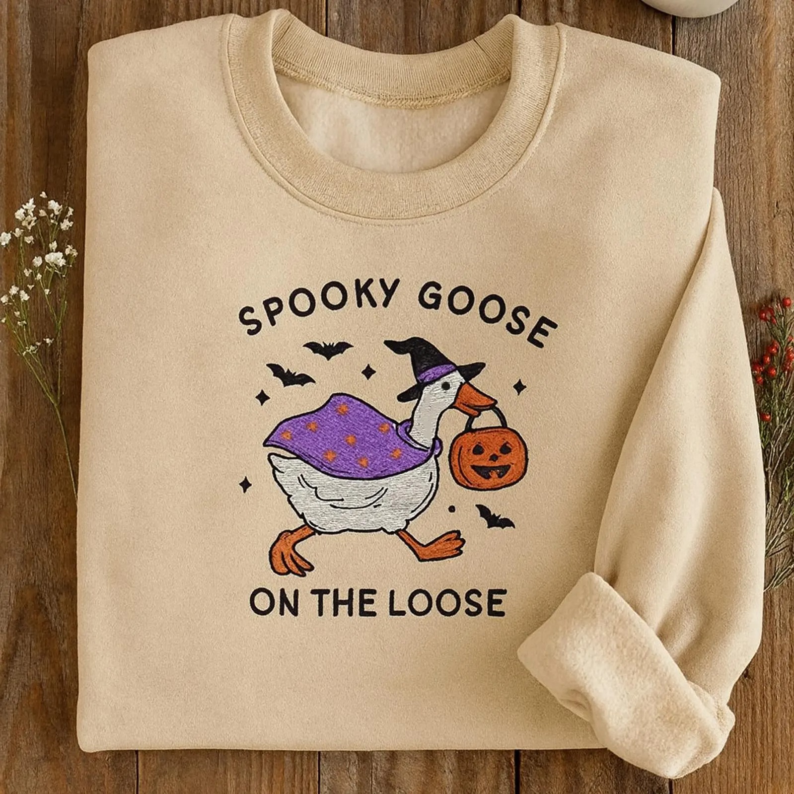 Spooky Goose On The Loose Embroidered Sweatshirt, Funny Goose Hoodie Ghost Goose Pullover, Cozy Fall Humor Gift For Halloween