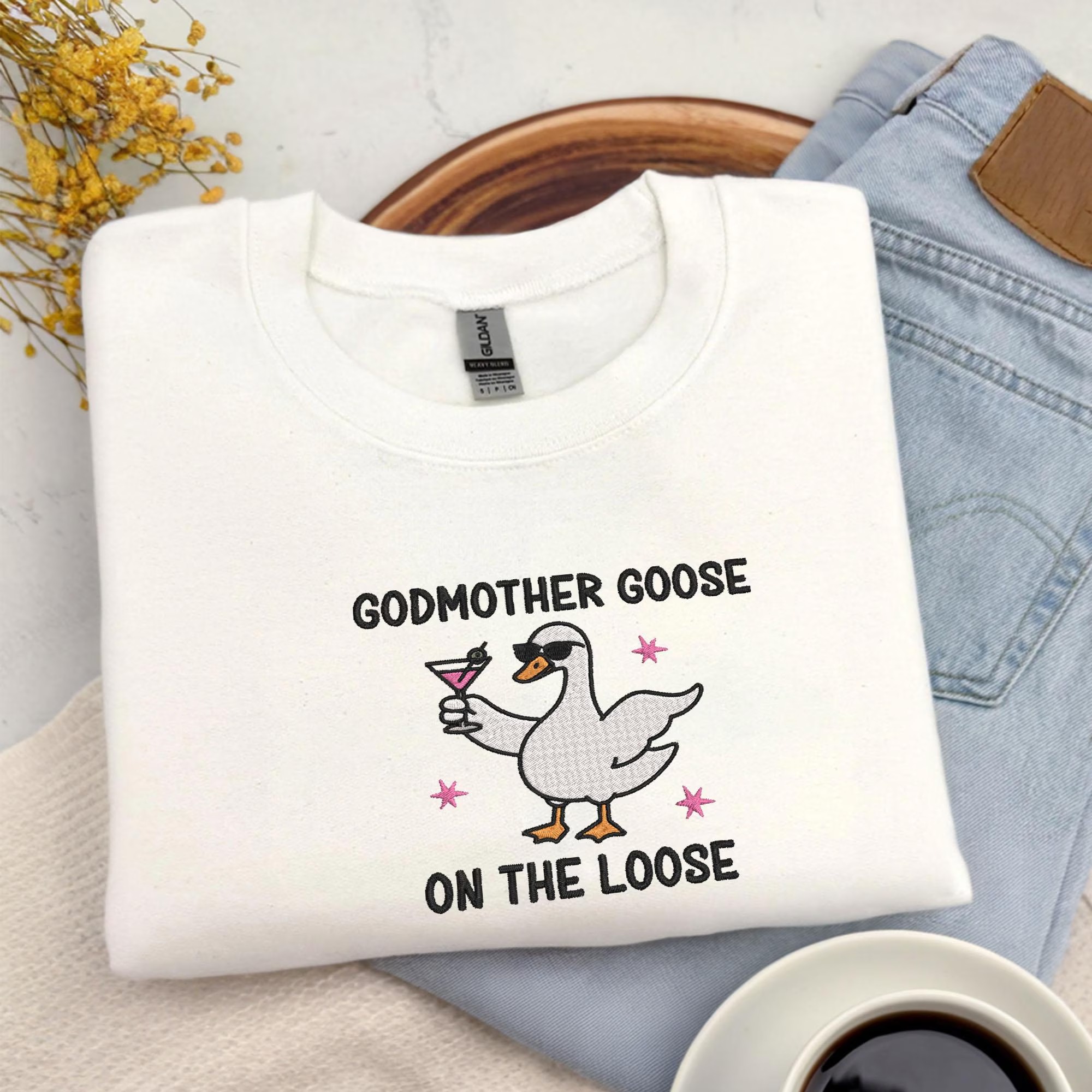Embroidered Godmother Goose On the Loose Sweatshirt, Funny Godmother Proposal Gift, Pregnancy Announcement Shirt - Image 2