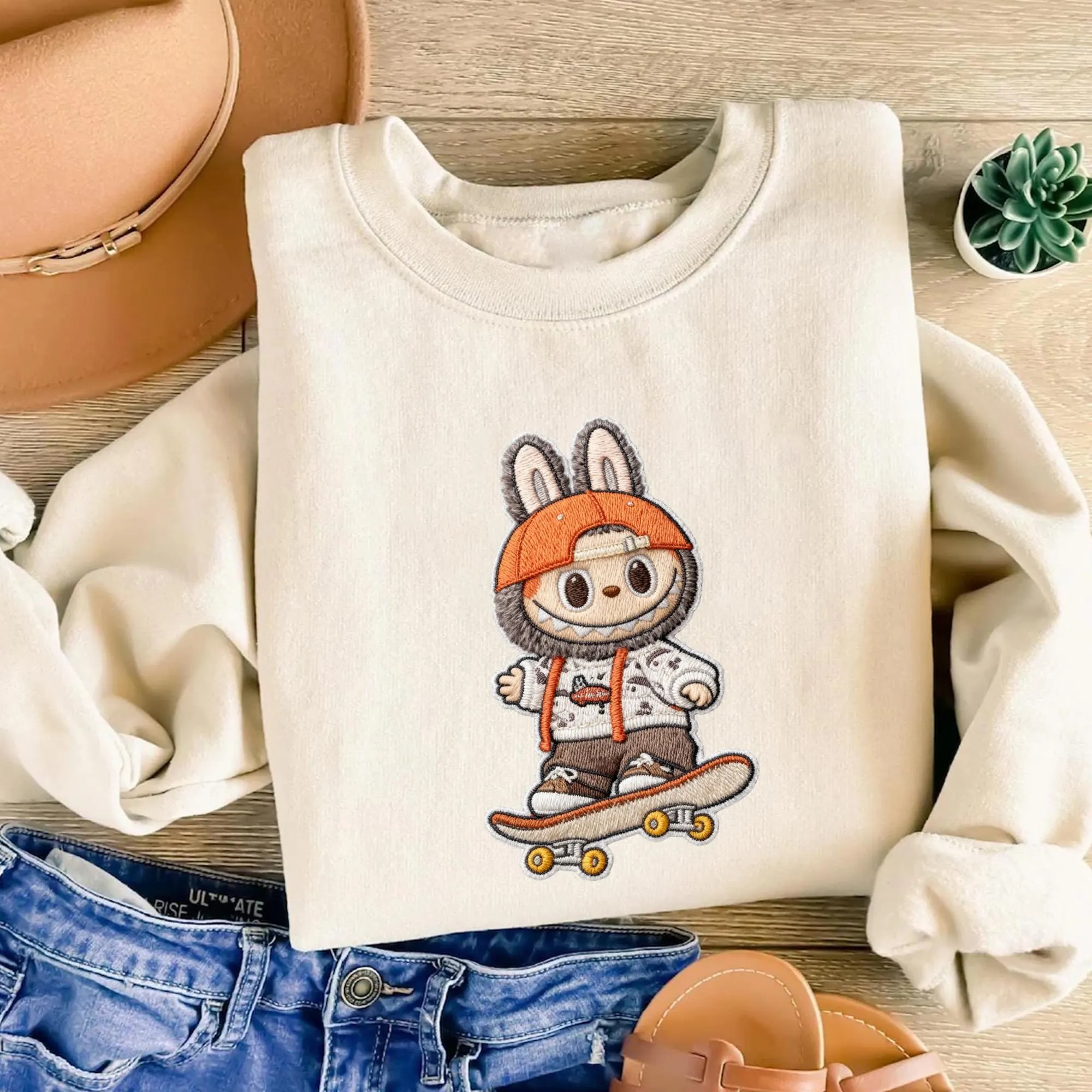 Embroidered Labubu Crewneck, Labubu Sweatshirt, Cute Monster Embroidery Shirt, Streetwear Cartoon Sweater, Kawaii Labubu Gift