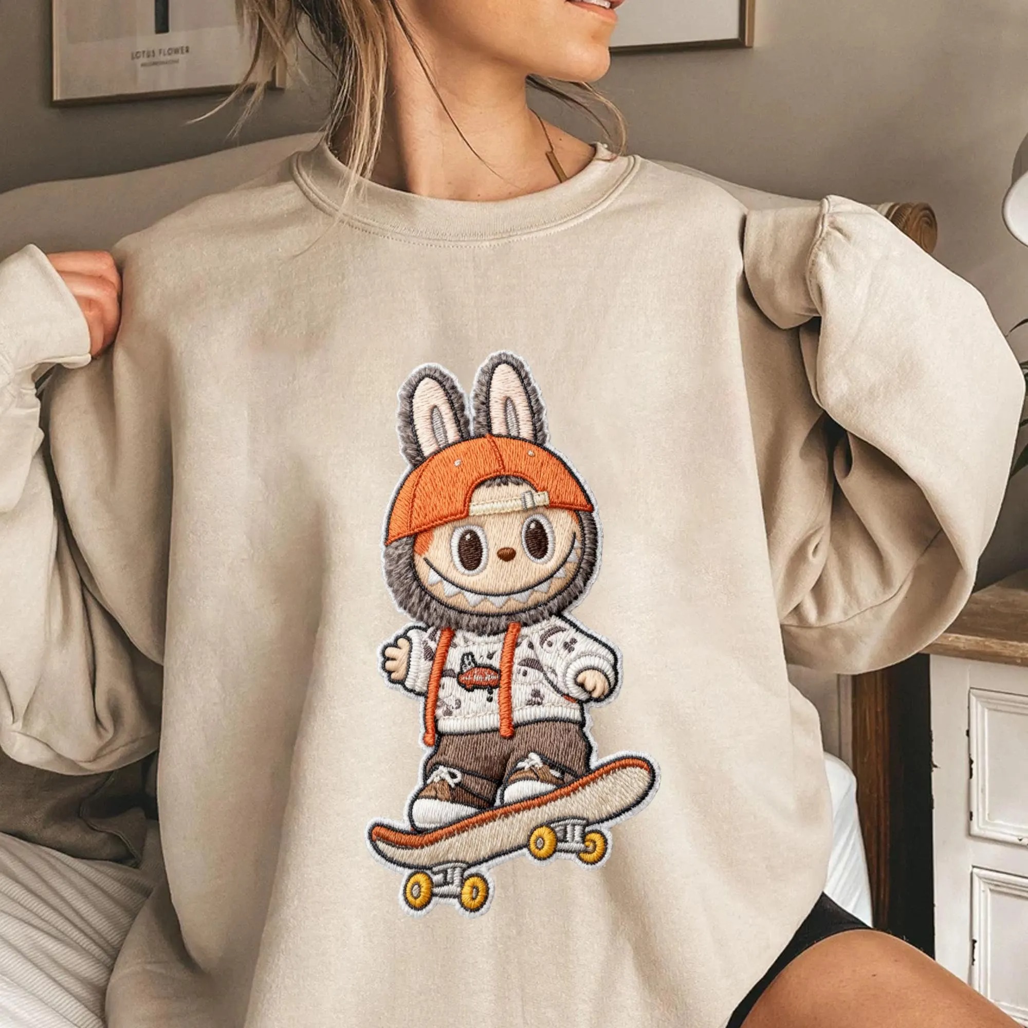 Embroidered Labubu Crewneck, Labubu Sweatshirt, Cute Monster Embroidery Shirt, Streetwear Cartoon Sweater, Kawaii Labubu Gift - Image 5