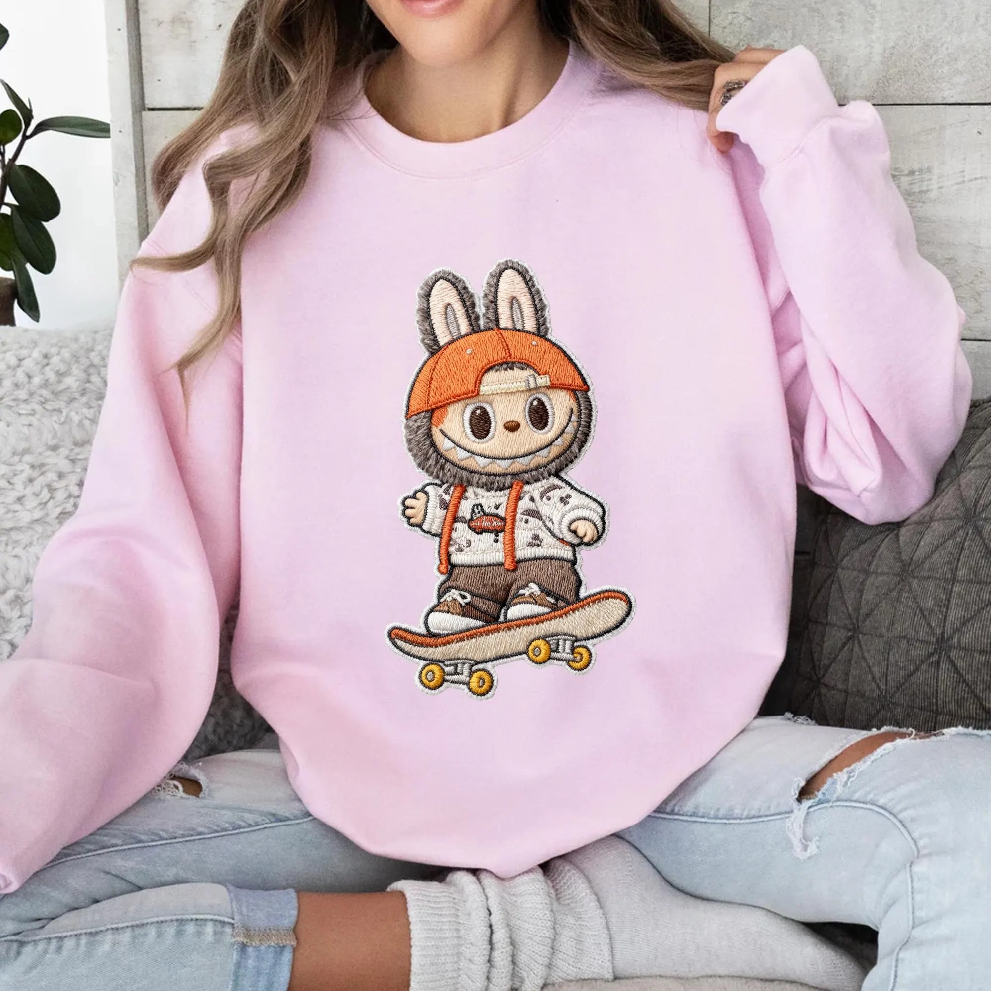 Embroidered Labubu Crewneck, Labubu Sweatshirt, Cute Monster Embroidery Shirt, Streetwear Cartoon Sweater, Kawaii Labubu Gift - Image 6