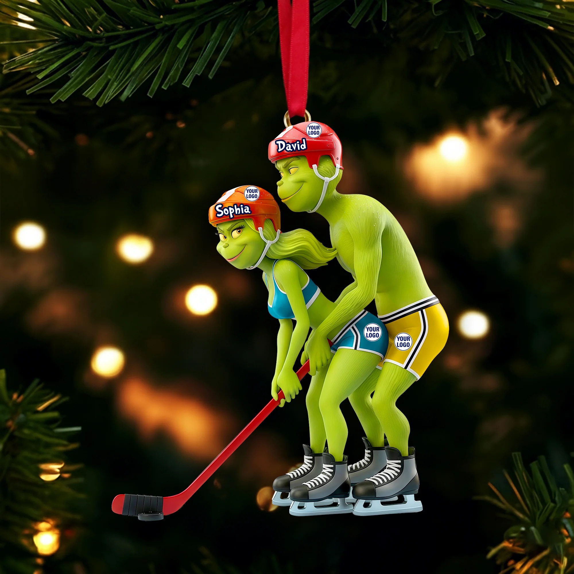 Funny Grinch Christmas Ornament, Personalized Couple Acrylic Ornament, Cute Green Monster Xmas Decoration, Holiday Tree Gift for Him Her - Image 2