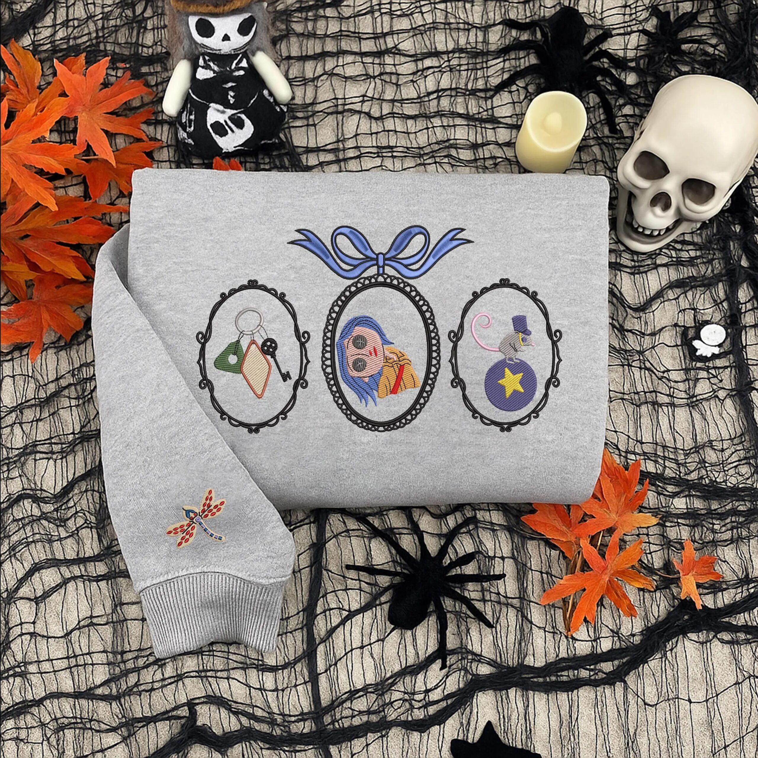 Button Girl Halloween Movie Shirt, Embroidered Scary Doll Sweatshirt, Spooky Frame Embroidered Shirt, Custom Embroidered Sweatshirt